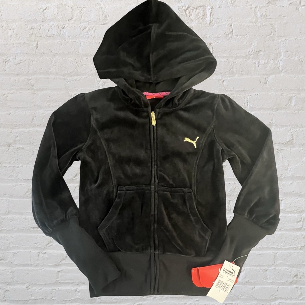PUMA Girls Black Velour Velvet Full Zip Hoodie Sweatshirt Jacket Y2K Size M NWT